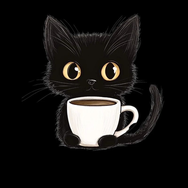 Cute Kitten with Coffee - Cartoon Style