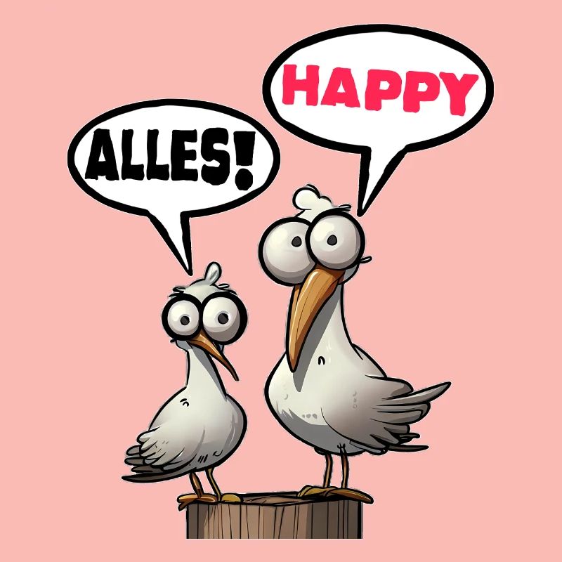 Humorous seagulls with speech bubbles everything happy