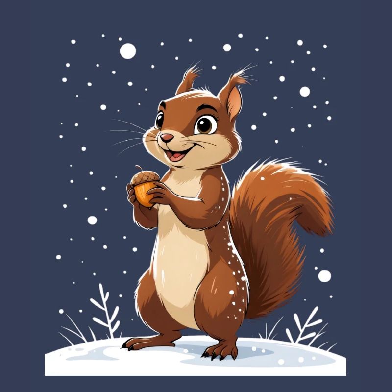 Winterliches Eichhörnchen mit Eichel