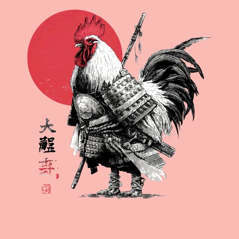 Samurai Rooster in Armor Under Red Sun