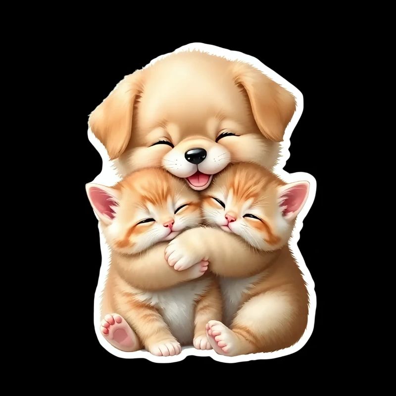 Petit chien serrant deux chatons dans ses bras