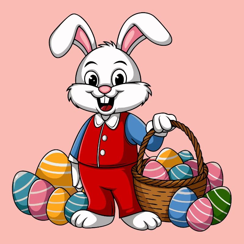 Funny Easter bunny with lots of colorful Easter eggs
