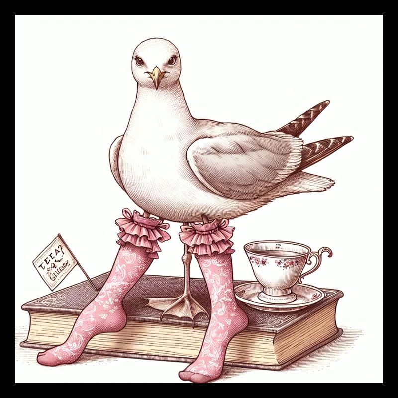 Chic seagull lady having tea with book