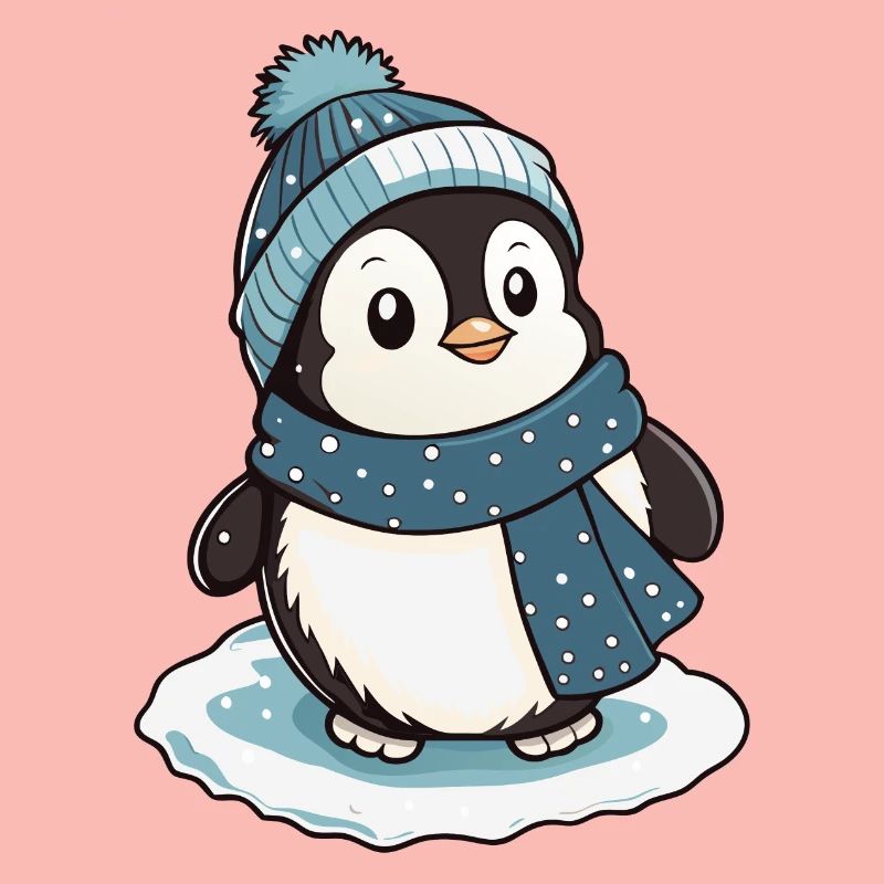 Pingouin mignon avec écharpe et chapeau à pompon.