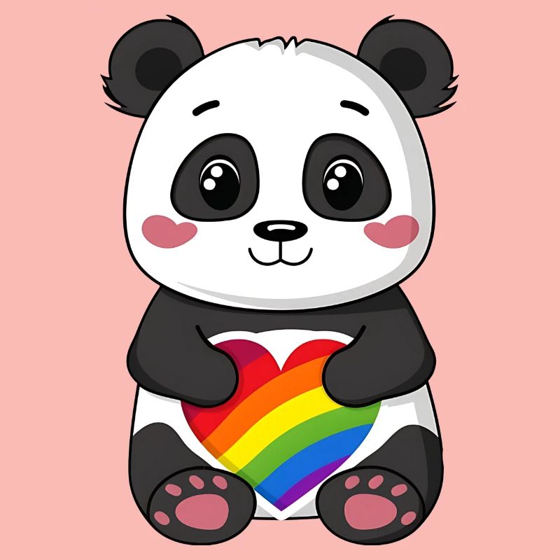 Panda-Karikatur mit einem Pride-Regenbogenherz