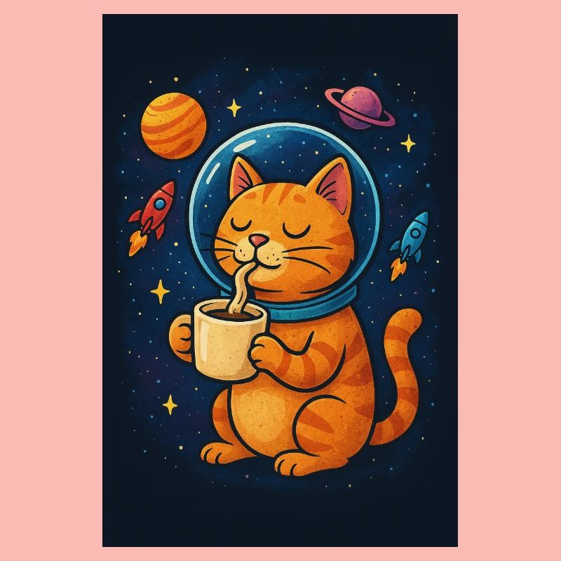 Chat en combinaison spatiale buvant du café