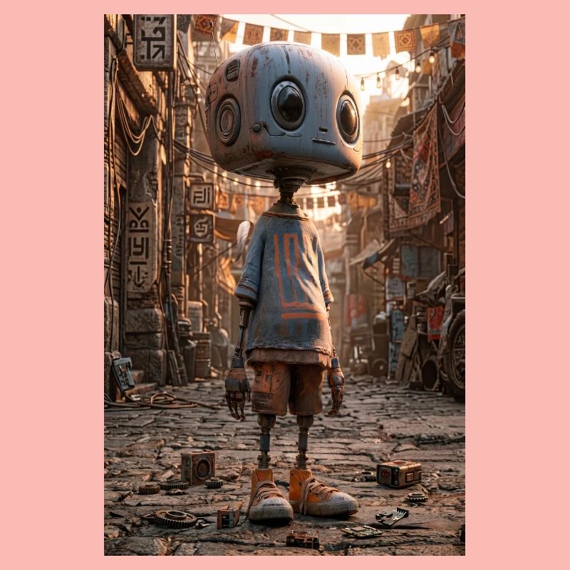 Rusty Robot in Neon Bazaar