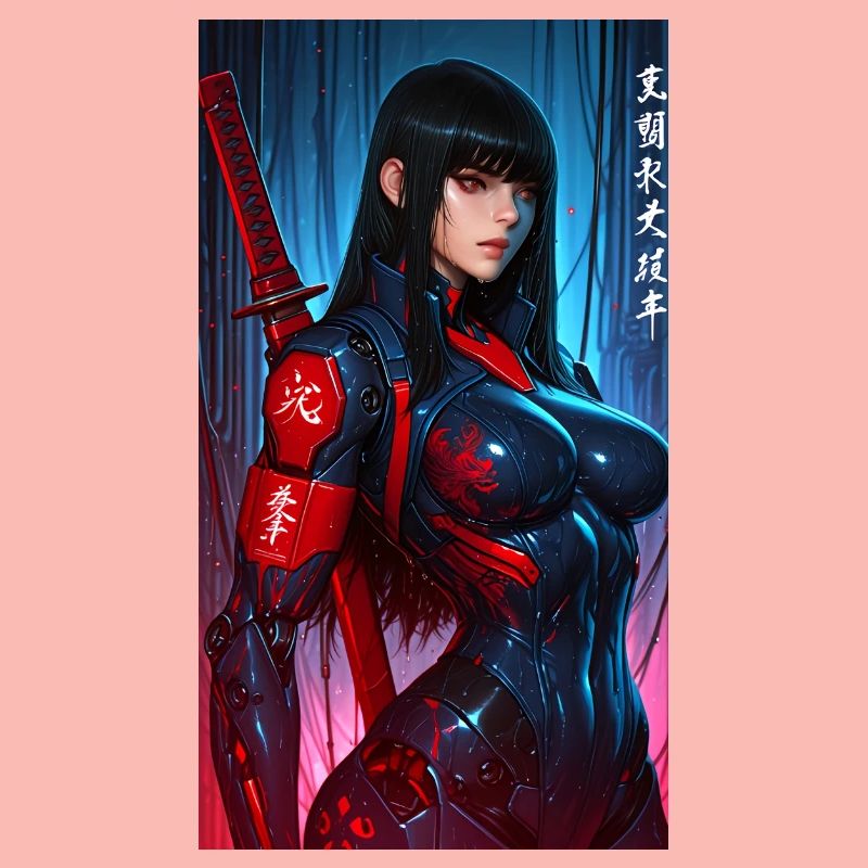 3D Sci-Fi Cyberpunk-Samurai-Kriegerin mit Katana