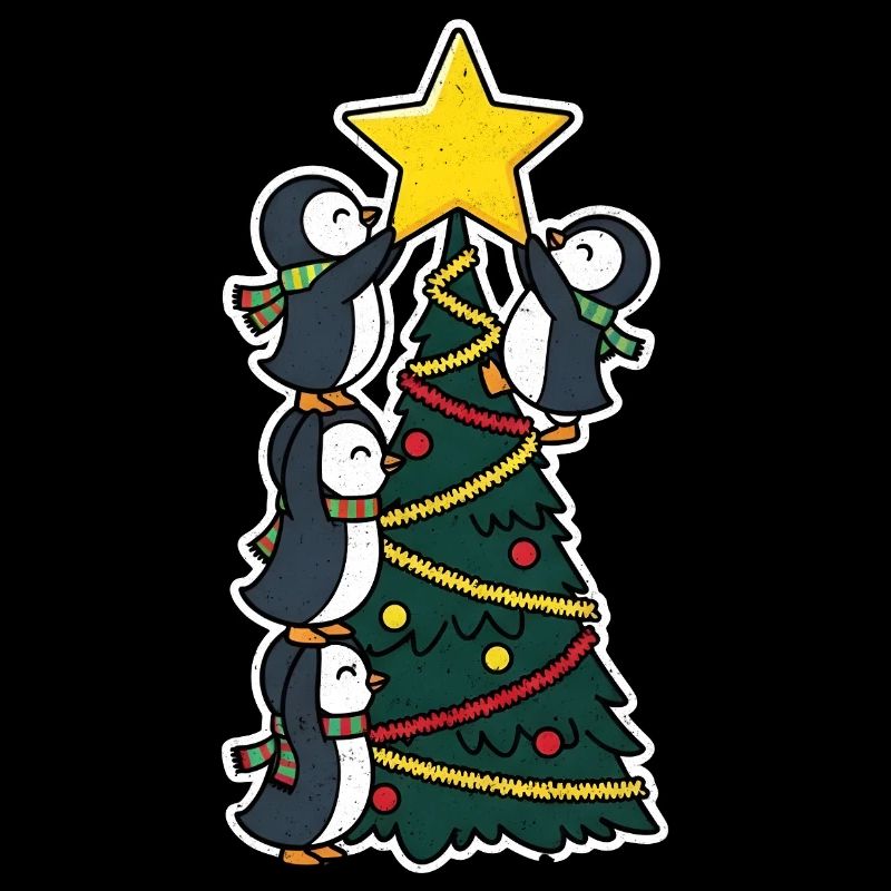 Penguins decorating Christmas tree