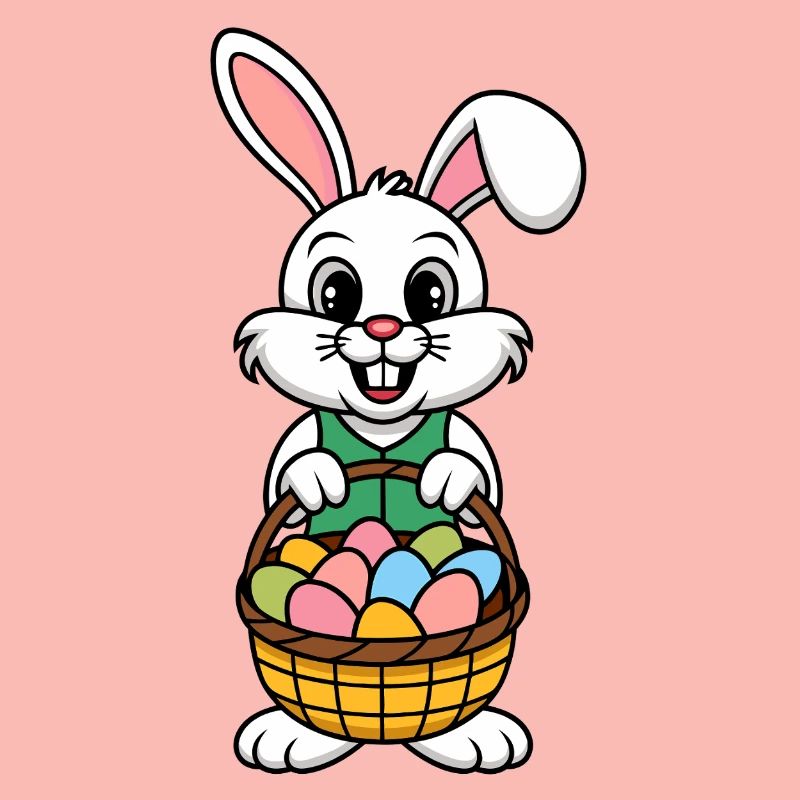 Funny Easter bunny with lots of colorful Easter eggs