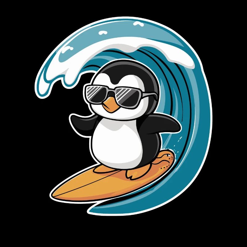 Cool penguin on surfboard under wave