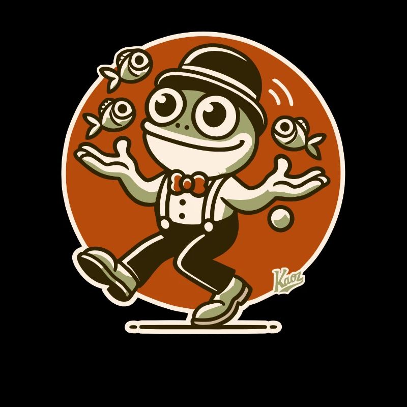 Cheerful retro frog juggling fish