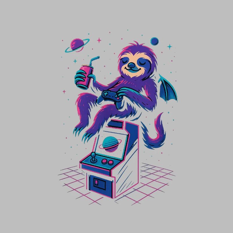 Space Gamer Sloth with Drink and Arcade