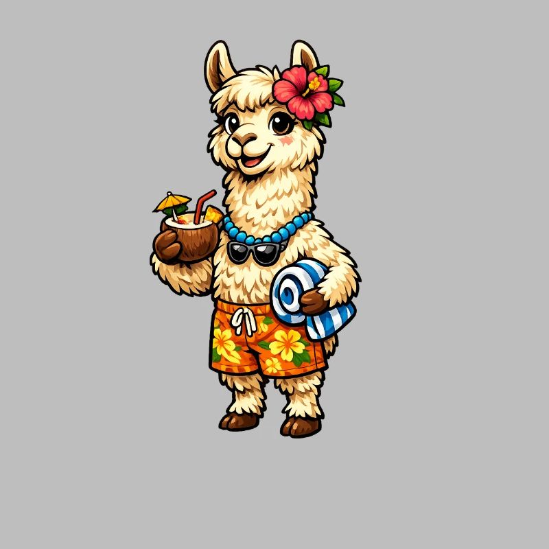 Lama am Strand mit Blumenschmuck