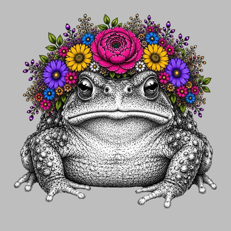 Crapaud avec couronne de fleurs