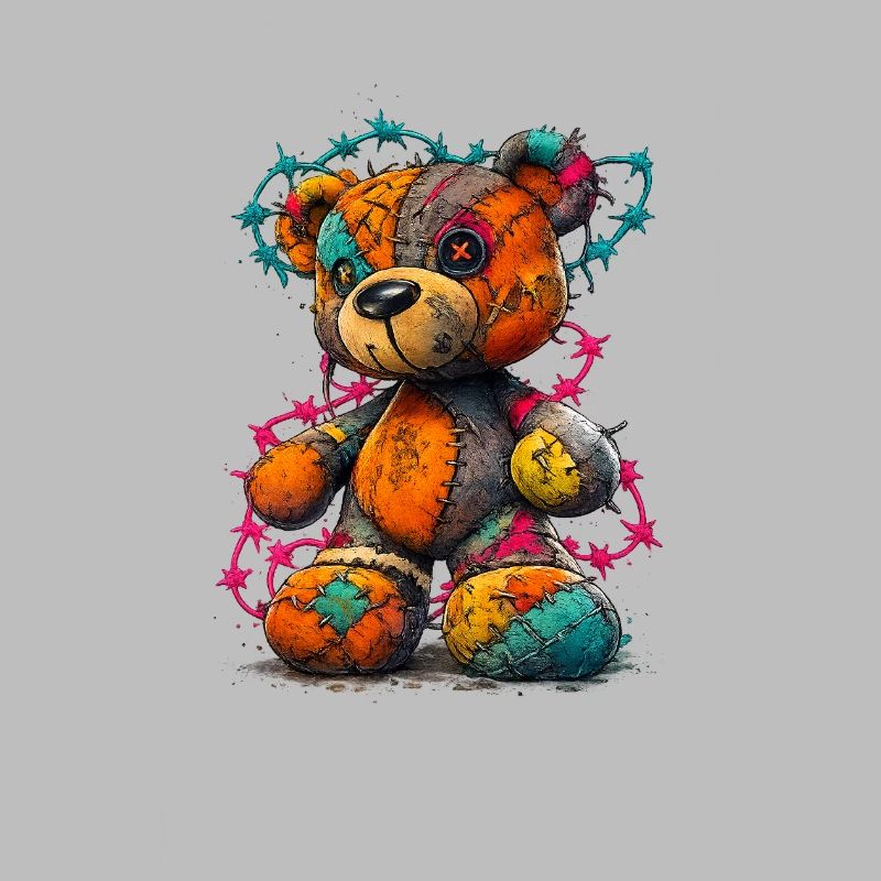 Patchwork Teddybär mit Neonfäden