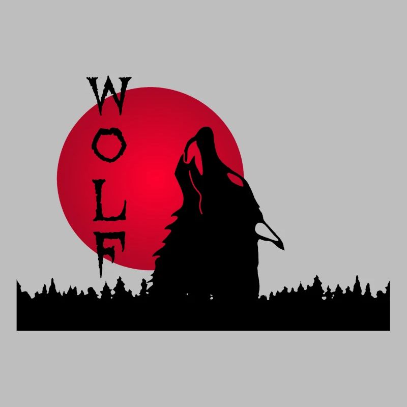 Black wolf, forest and sunset
