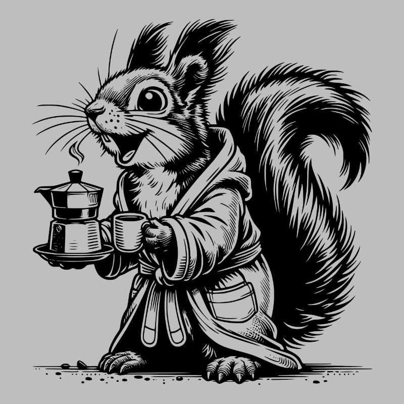 Squirrel with strong coffee in bathrobe