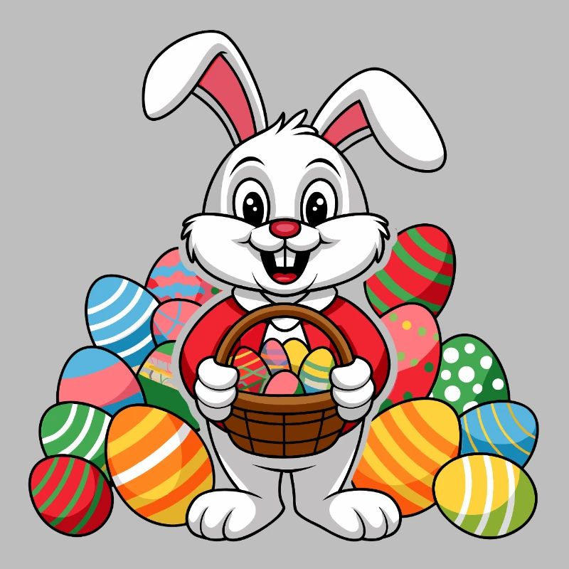 Funny Easter bunny with lots of colorful Easter eggs