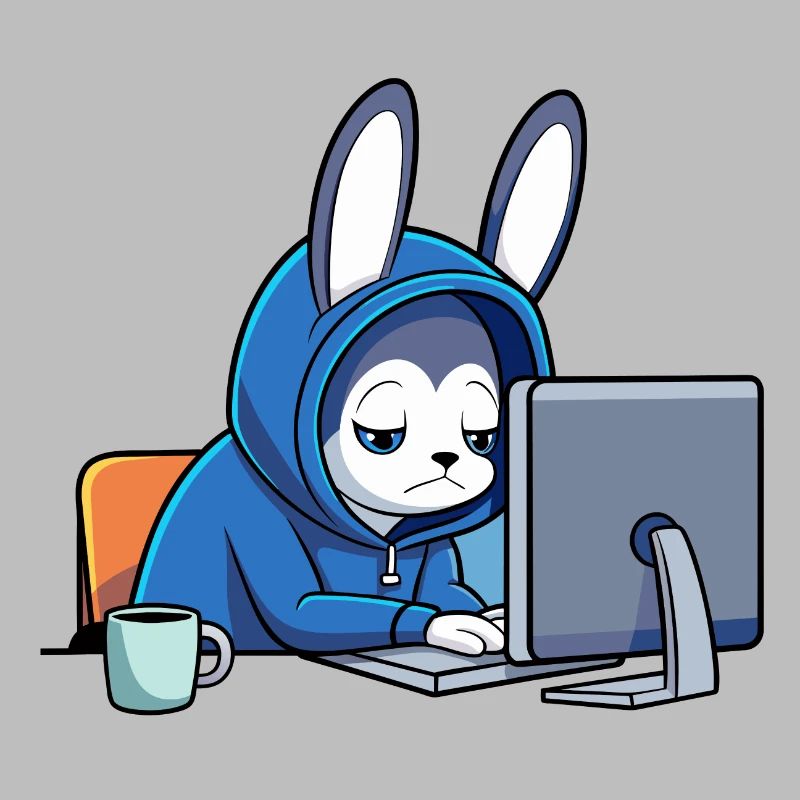 Un lapin hacker mignon dort dans un sweat à capuche devant le PC
