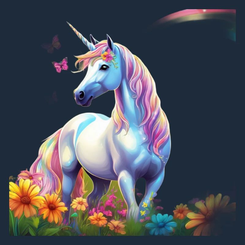 Himmlisches Einhorn im Blumenfeld mit Schmetterlin