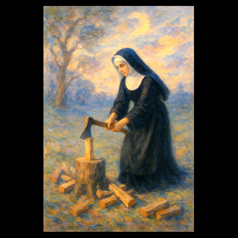 Nonne hackt Holz