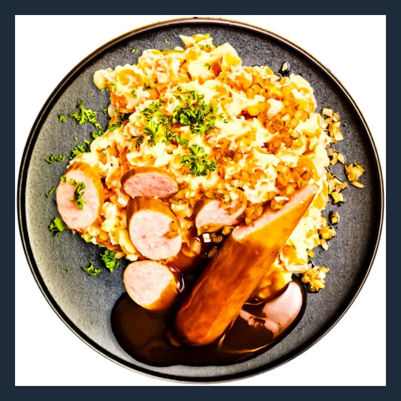 Gericht mit Wurst und Kartoffelpüree
