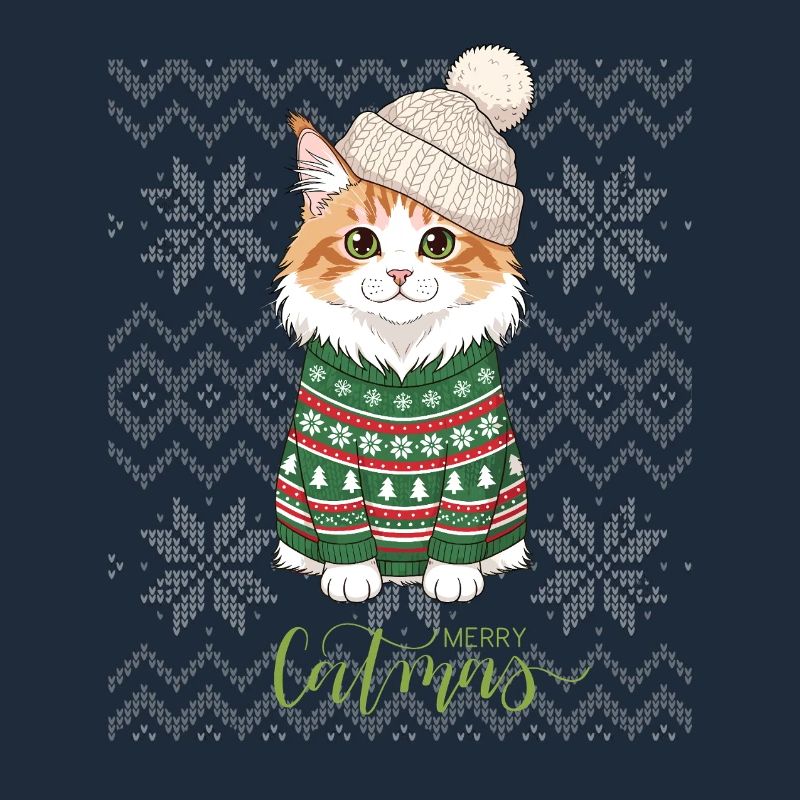 Chat Noël en pull vert et beige