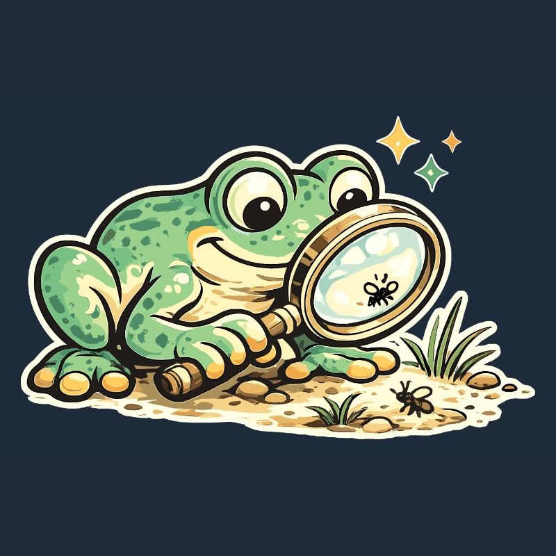 Frosch mit Lupe auf Spurensuche