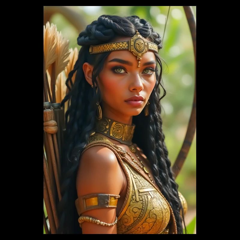 Neith, gepanzerte Kriegergöttin, hält einen Bogen in der Hand