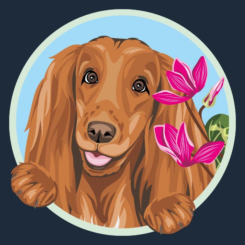 Chien Cocker Spaniel heureux aux fleurs roses