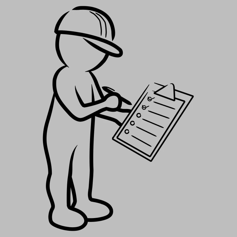 Männchen mit Helm und Checkliste auf Baustelle