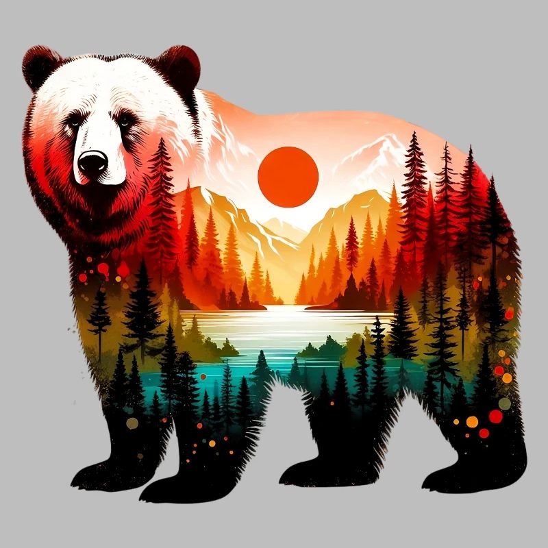 Decorated bear painted with forest landscape