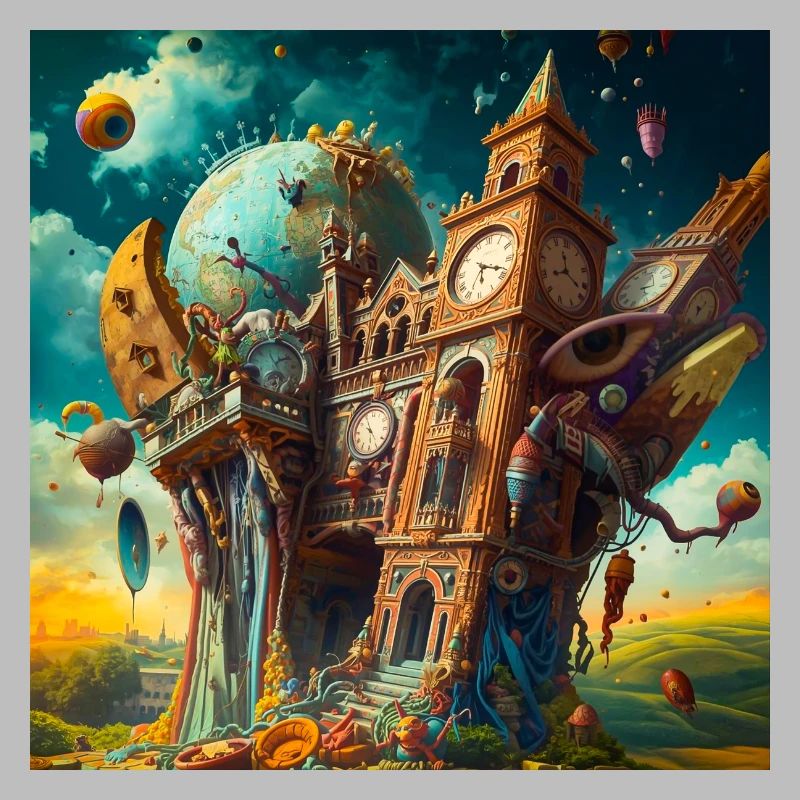 Surreal clock tower and globe