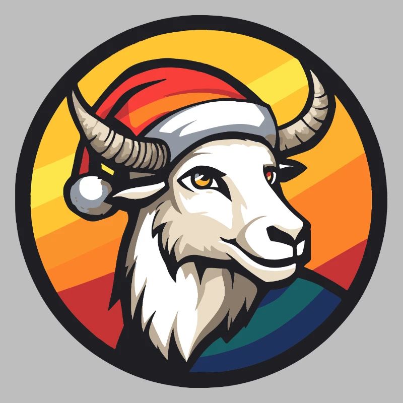 Bock mit Santa-Hut vor Regenbogen