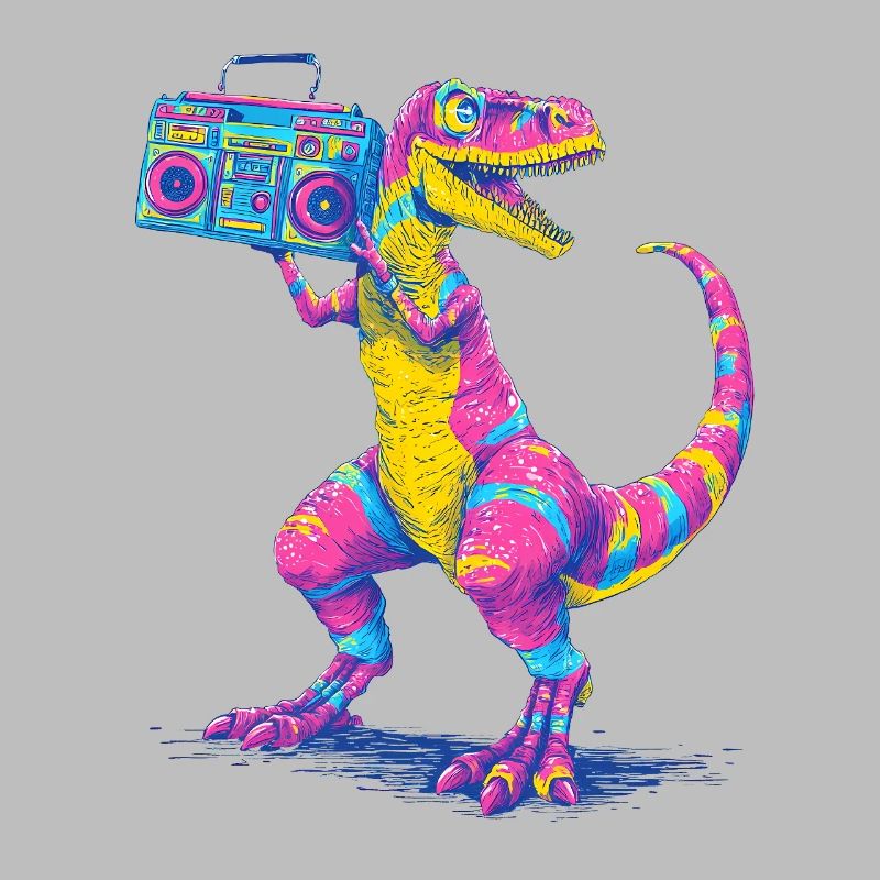 T-Rex with a ghetto blaster in 90s neon style