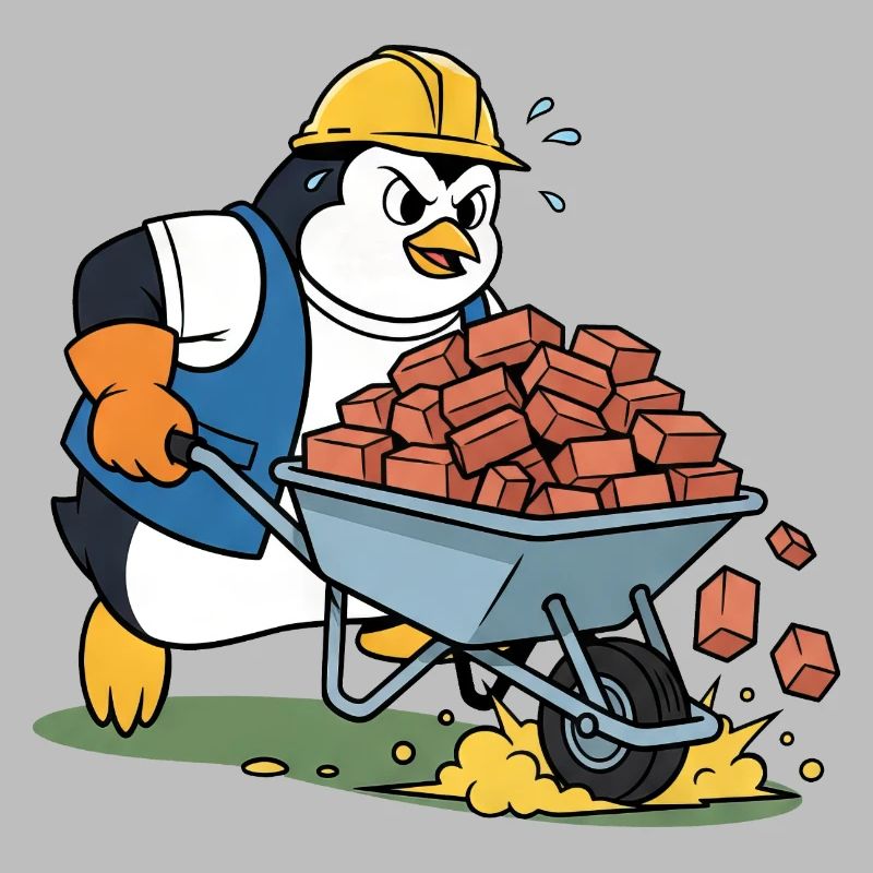 Cute penguin craftsman construction worker construction site