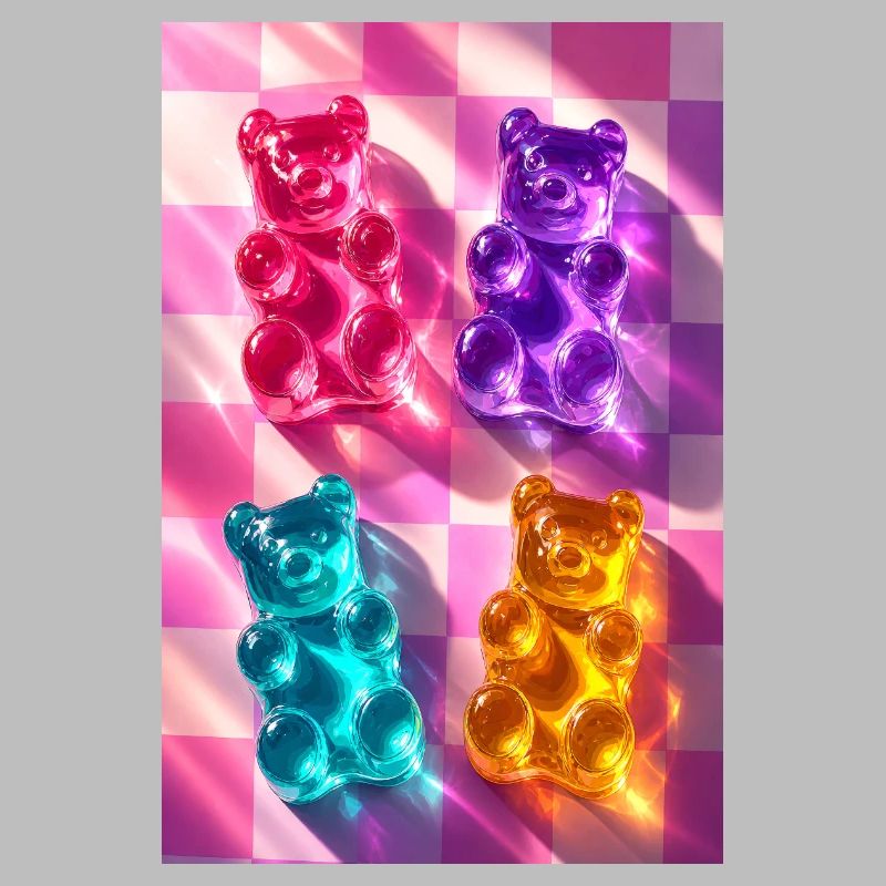 Neon Gummy Bears on Checkerboard