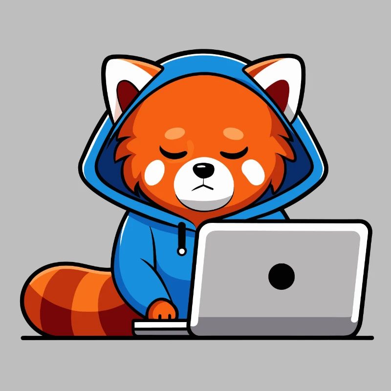 Mignon hacker panda roux en sweat à capuche devant PC