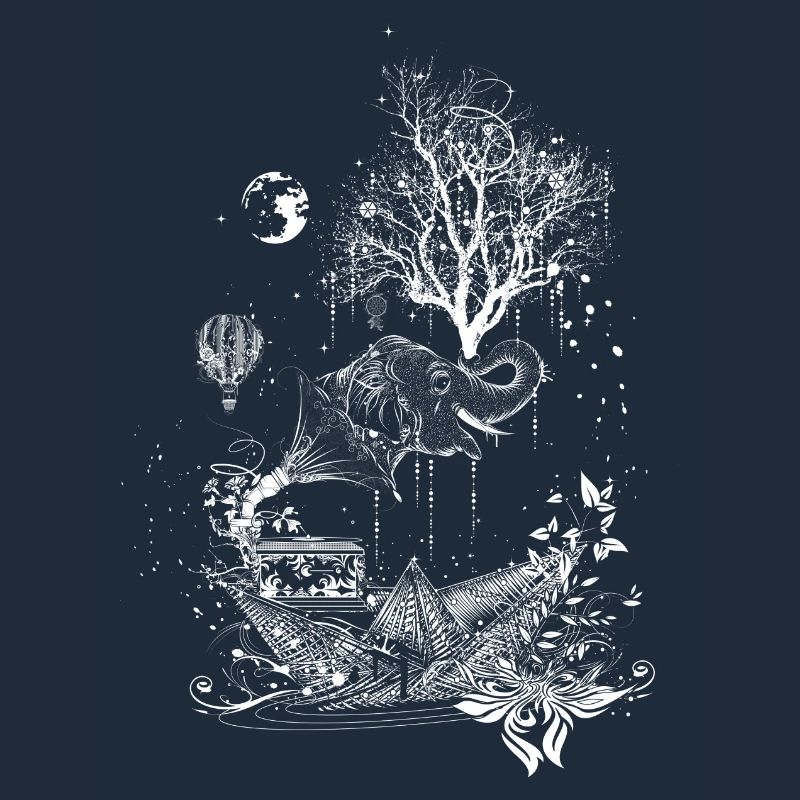 Elephant, paper ship and tree-surreal design