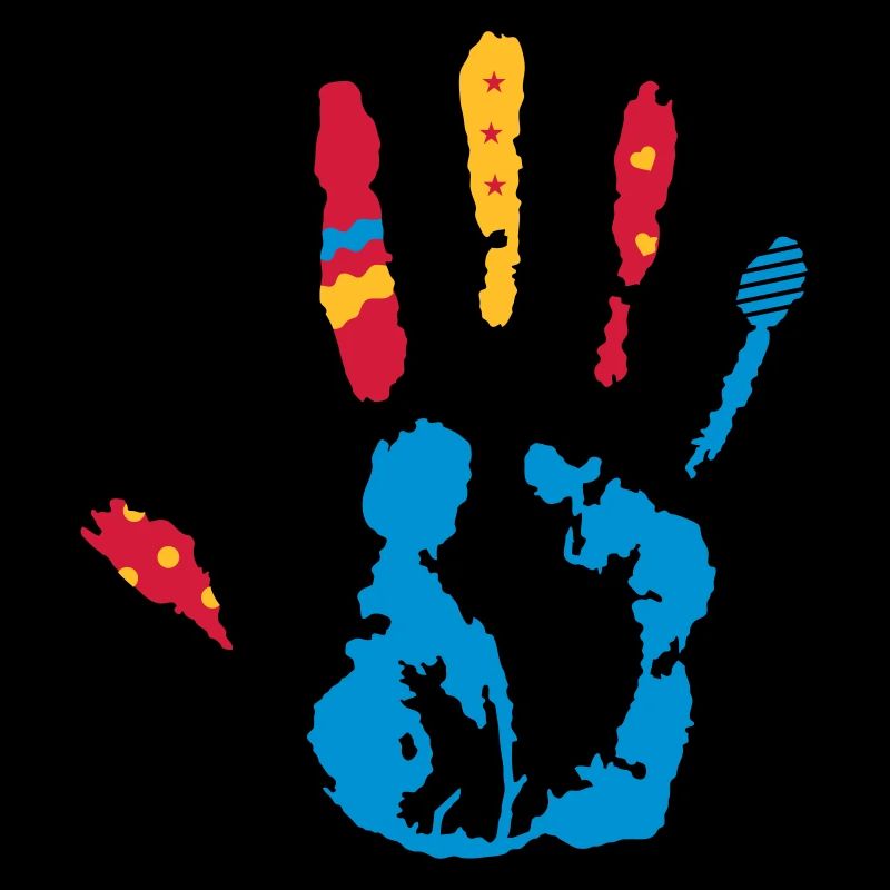 A colorful hand print with various shapes