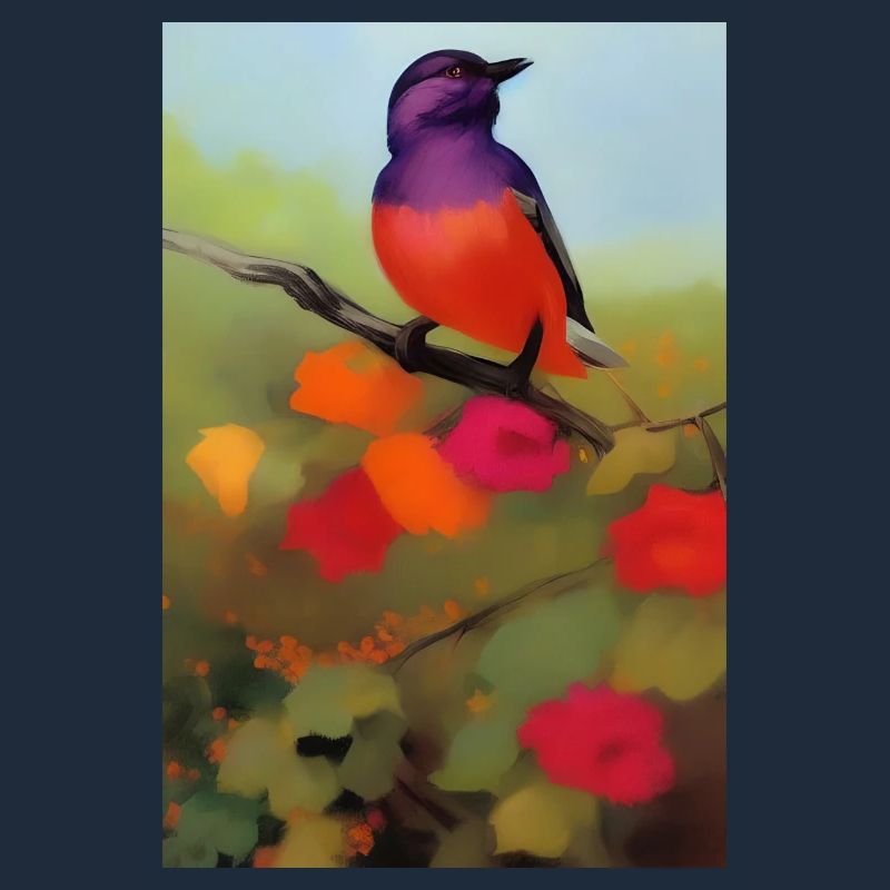 Vogel auf Ast mit bunten Blüten