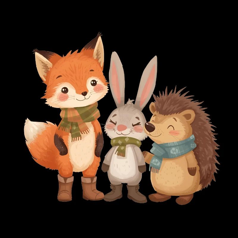 Automne Animaux de la forêt mignons avec écharpe et bottes