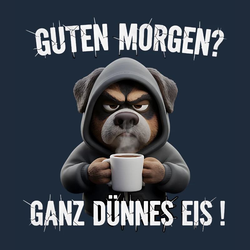 Grumpy Hund mit Kaffee für müde Morgenmenschen