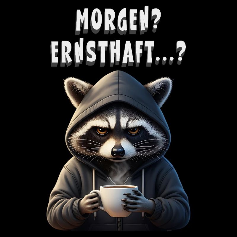 Morgenmuffel Waschbär mit Kaffee