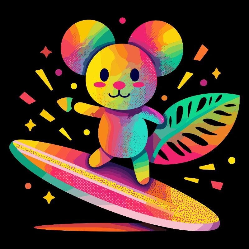 Colorful bear surfing on surfboard