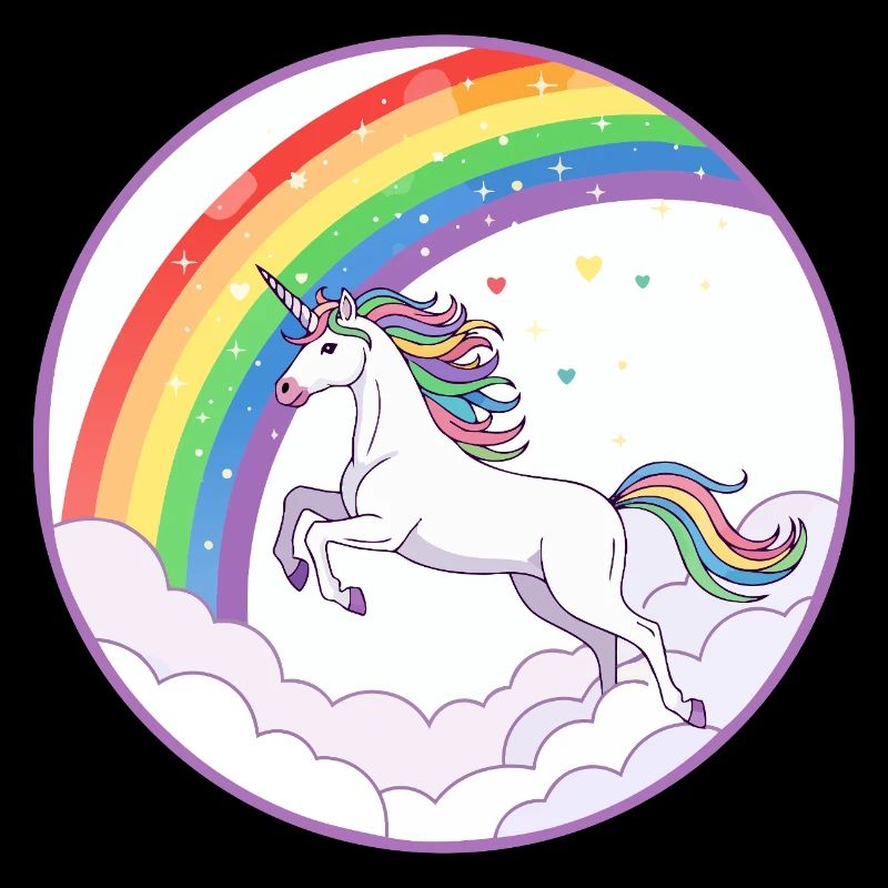 Rainbow Unicorn Over Clouds Hearts Motif