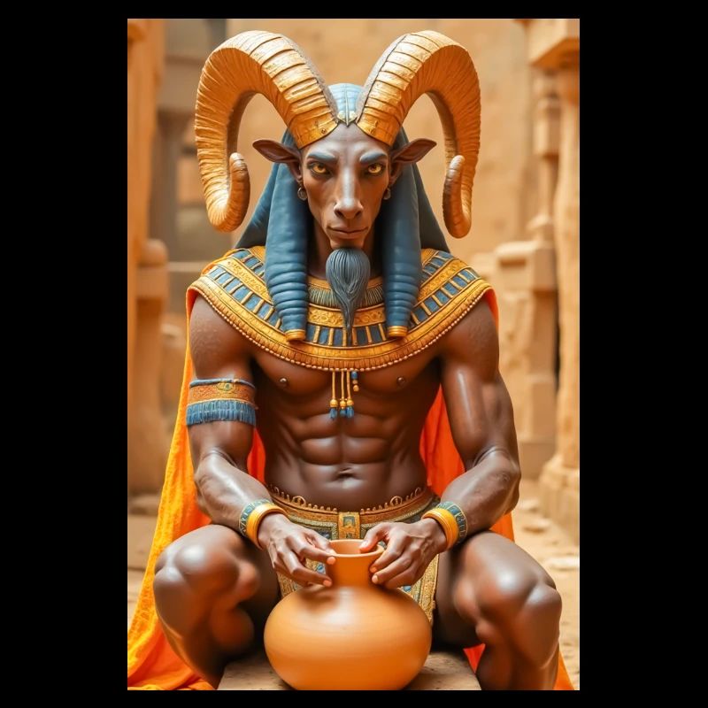 Khnum, ram-headed god, shaping a human from clay.