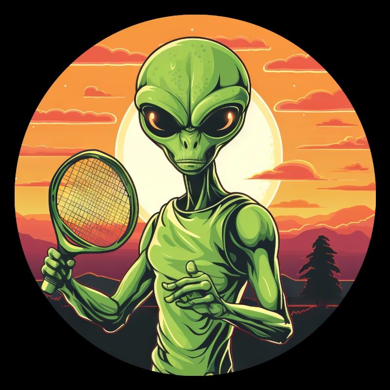 Alien playing tennis/badminton at sunset