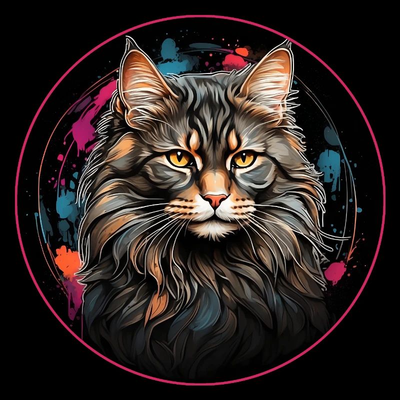 Portrait de chat Maine Coon en technique aquarelle